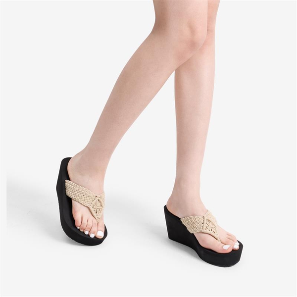 Woven Strap Platform Wedge Flip Flops - NUDE - 1